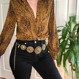 tan light brown animal print button down blouse